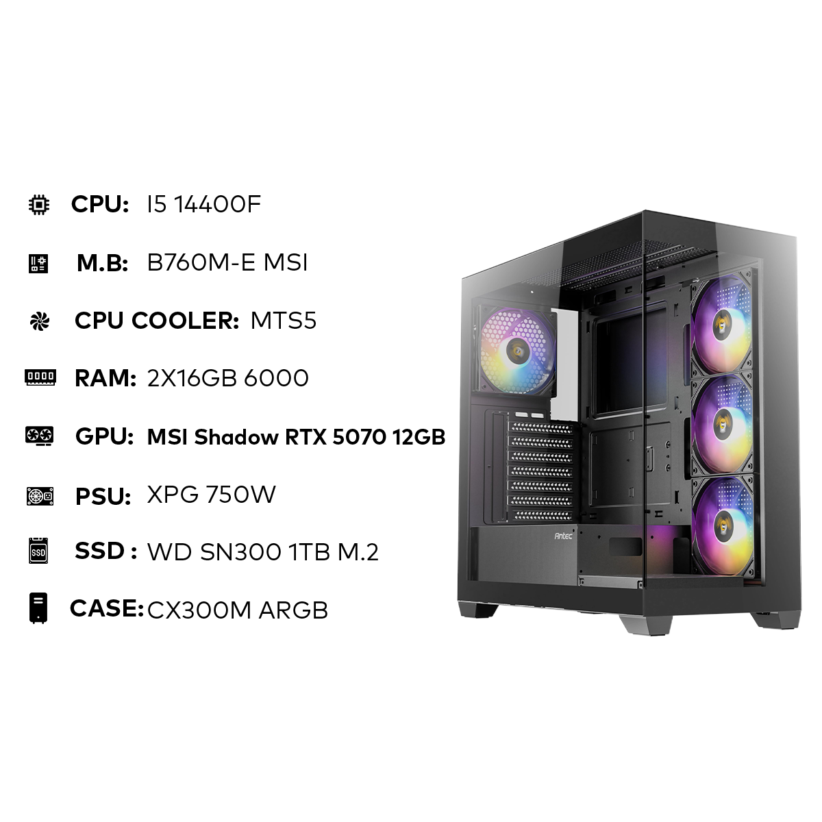 تجميعة مقترحة i5 14400F Gaming PC | 32GB DDR5 | RTX 5070 12GB | 1TB SSD | 750W تجميعة مقترحة i5 14400F Gaming PC | 32GB DDR5 | RTX 5070 12GB | 1TB SSD | 750W